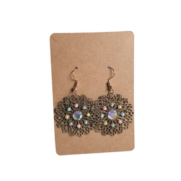 Brass Tone Filigree Dangle Rhinestone Vintage Earrings Women Jewelry Costume - Picture 2 of 3